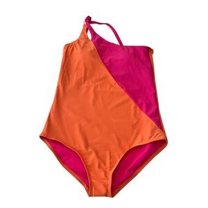 Lands End Orange & Magenta‎ Pink One Shoulder Swimsuit